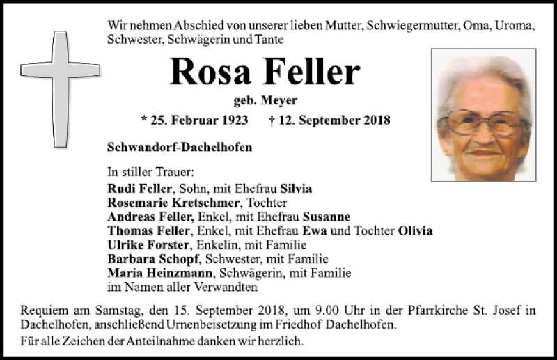  Traueranzeige für Rosa Feller vom 14.09.2018 aus Mittelbayerische Zeitung Schwandorf