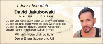 Traueranzeige von David Jakubowski von Mittelbayerische Zeitung Kelheim