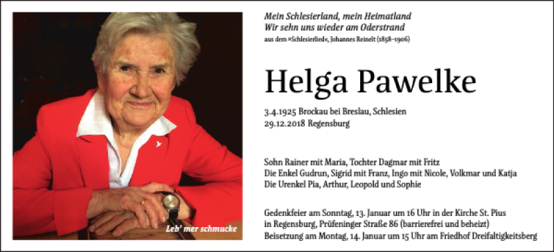  Traueranzeige für Helga Pawelke vom 05.01.2019 aus Mittelbayerische Zeitung Gesamtausgabe