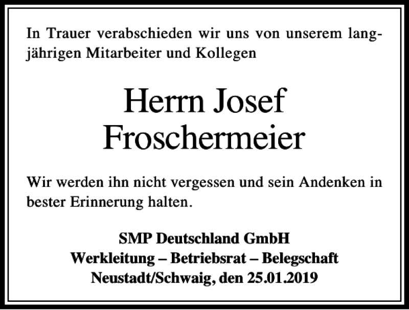  Traueranzeige für Josef Froschermeier vom 25.01.2019 aus Mittelbayerische Zeitung Kelheim