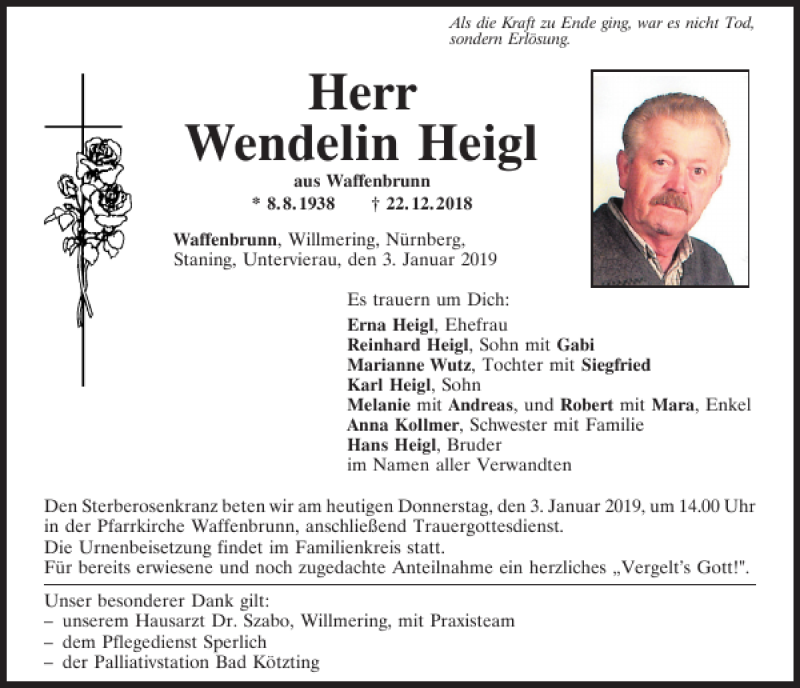  Traueranzeige für Wendelin Heigl vom 03.01.2019 aus Bayerwald Echo