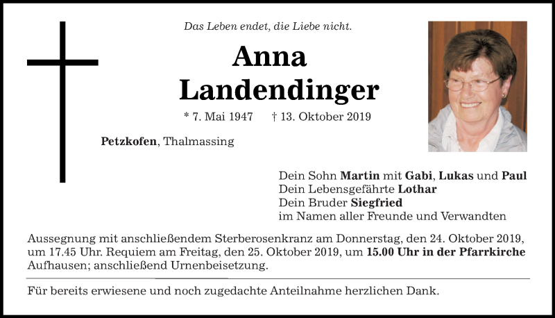  Traueranzeige für Anna Landendinger vom 19.10.2019 aus Mittelbayerische Zeitung Regensburg