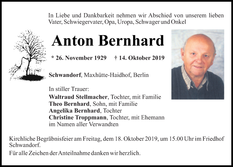  Traueranzeige für Anton Bernhard vom 16.10.2019 aus Mittelbayerische Zeitung Schwandorf