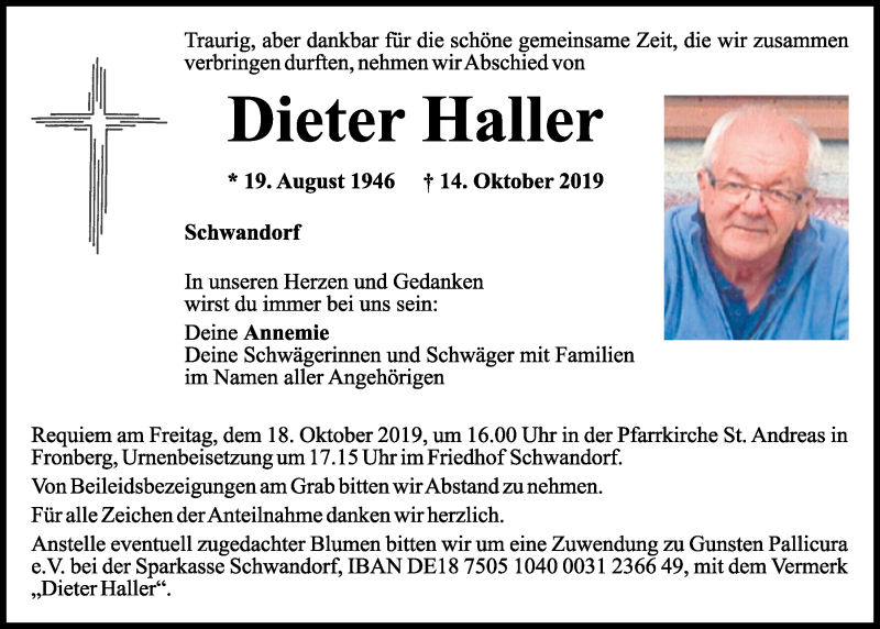  Traueranzeige für Dieter Haller vom 17.10.2019 aus Mittelbayerische Zeitung Schwandorf