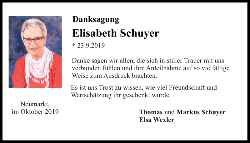  Traueranzeige für Elisabeth Schuyer vom 09.10.2019 aus Neumarkter Tagblatt