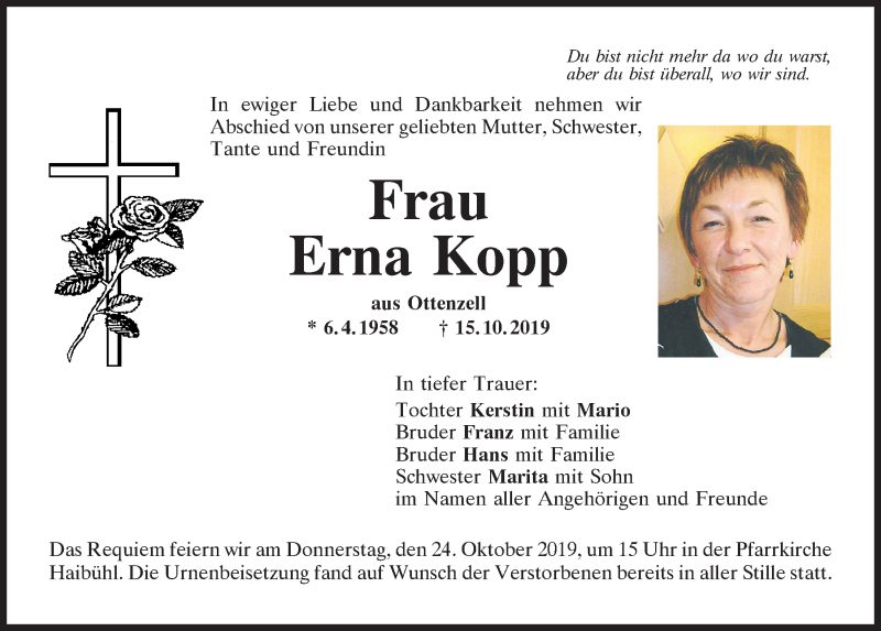  Traueranzeige für Erna Kopp vom 23.10.2019 aus Bayerwald Echo