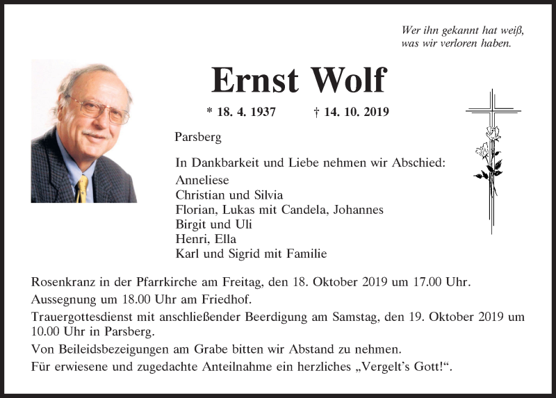  Traueranzeige für Ernst Wolf vom 17.10.2019 aus Neumarkter Tagblatt