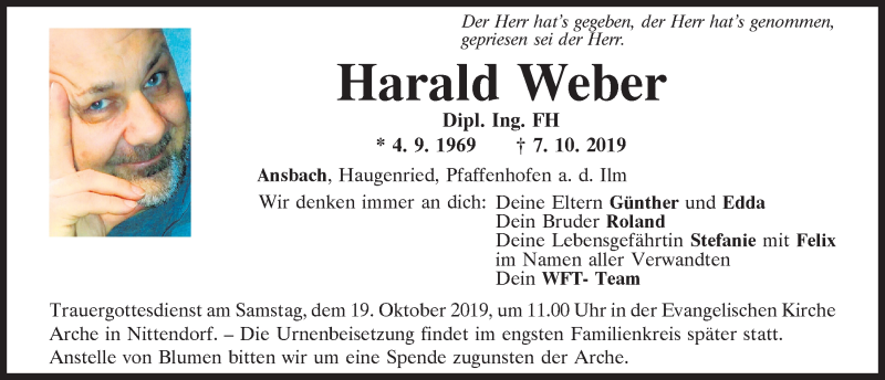  Traueranzeige für Harald Weber vom 17.10.2019 aus Mittelbayerische Zeitung Regensburg