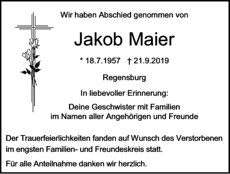  Traueranzeige für Jakob Maier vom 05.10.2019 aus Mittelbayerische Zeitung Regensburg