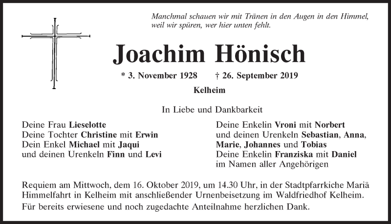  Traueranzeige für Joachim Hönisch vom 12.10.2019 aus Mittelbayerische Zeitung Kelheim