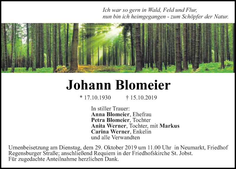  Traueranzeige für Johann Blomeier vom 26.10.2019 aus Neumarkter Tagblatt