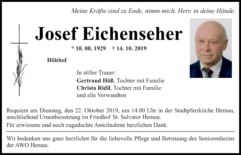  Traueranzeige für Josef Eichenseher vom 19.10.2019 aus Mittelbayerische Zeitung Regensburg