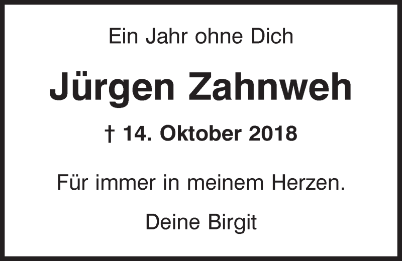  Traueranzeige für Jürgen Zahnweh vom 14.10.2019 aus Mittelbayerische Zeitung Schwandorf