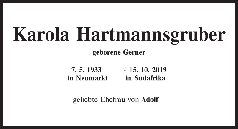  Traueranzeige für Karola Hartmannsgruber vom 26.10.2019 aus Neumarkter Tagblatt