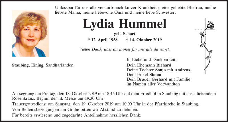  Traueranzeige für Lydia Hummel vom 17.10.2019 aus Mittelbayerische Zeitung Kelheim