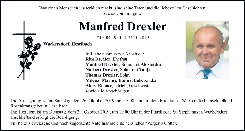  Traueranzeige für Manfred Drexler vom 26.10.2019 aus Mittelbayerische Zeitung Schwandorf