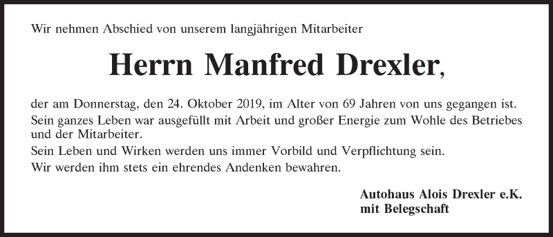  Traueranzeige für Manfred Drexler vom 29.10.2019 aus Mittelbayerische Zeitung Schwandorf