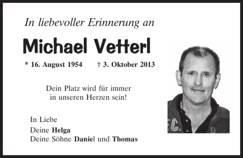  Traueranzeige für Michael Vetterl vom 02.10.2019 aus Mittelbayerische Zeitung Schwandorf