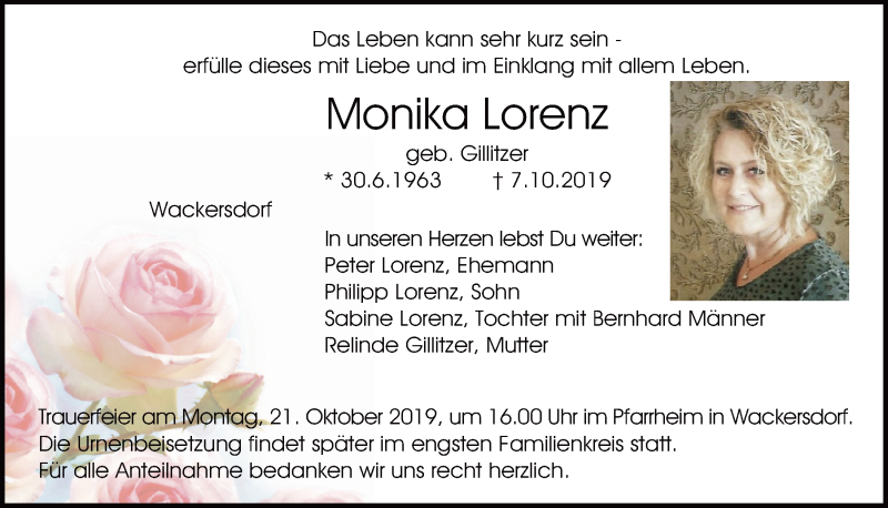  Traueranzeige für Monika Lorenz vom 19.10.2019 aus Mittelbayerische Zeitung Schwandorf