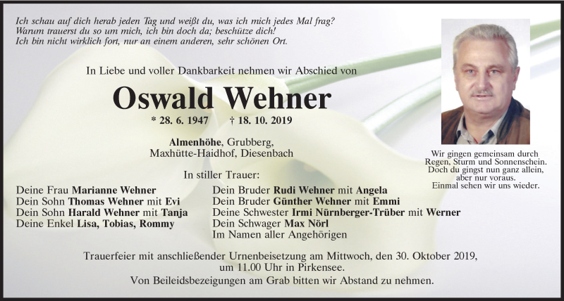  Traueranzeige für Oswald Wehner vom 26.10.2019 aus Mittelbayerische Zeitung Schwandorf