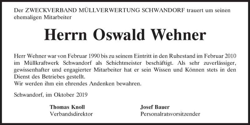  Traueranzeige für Oswald Wehner vom 29.10.2019 aus Mittelbayerische Zeitung Schwandorf