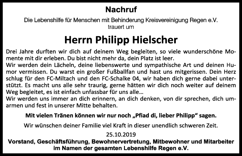  Traueranzeige für Philipp Hielscher vom 25.10.2019 aus Bayerwald Echo