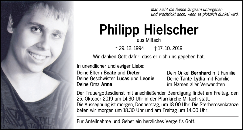  Traueranzeige für Philipp Hielscher vom 23.10.2019 aus Bayerwald Echo