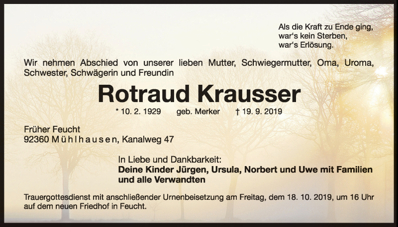  Traueranzeige für Rotraud Krausser vom 12.10.2019 aus Neumarkter Tagblatt