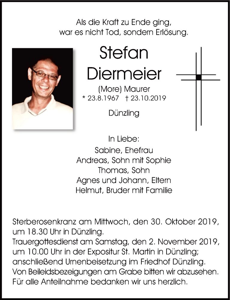  Traueranzeige für Stefan Diermeier vom 26.10.2019 aus Mittelbayerische Zeitung Regensburg