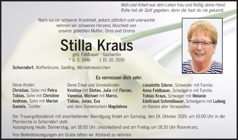  Traueranzeige für Stilla Kraus vom 17.10.2019 aus Bayerwald Echo