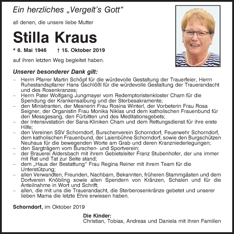  Traueranzeige für Stilla Kraus vom 26.10.2019 aus Bayerwald Echo