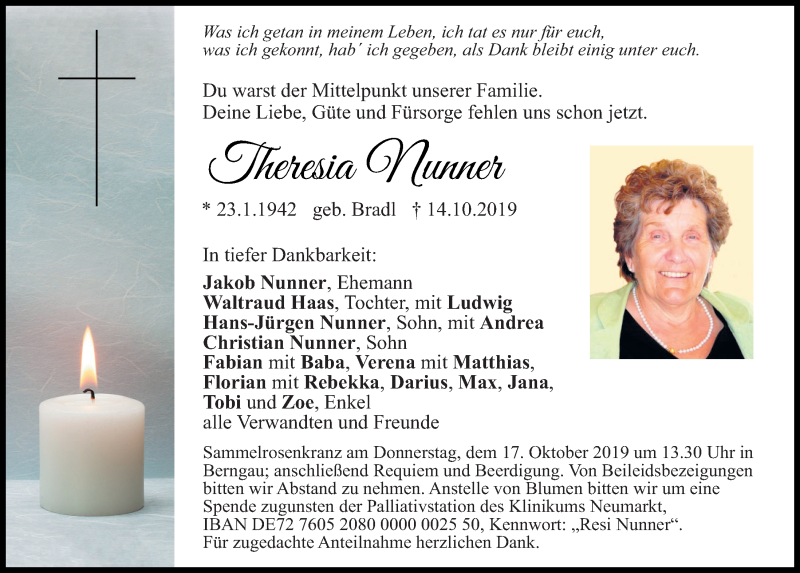  Traueranzeige für Theresia Nunner vom 16.10.2019 aus Neumarkter Tagblatt