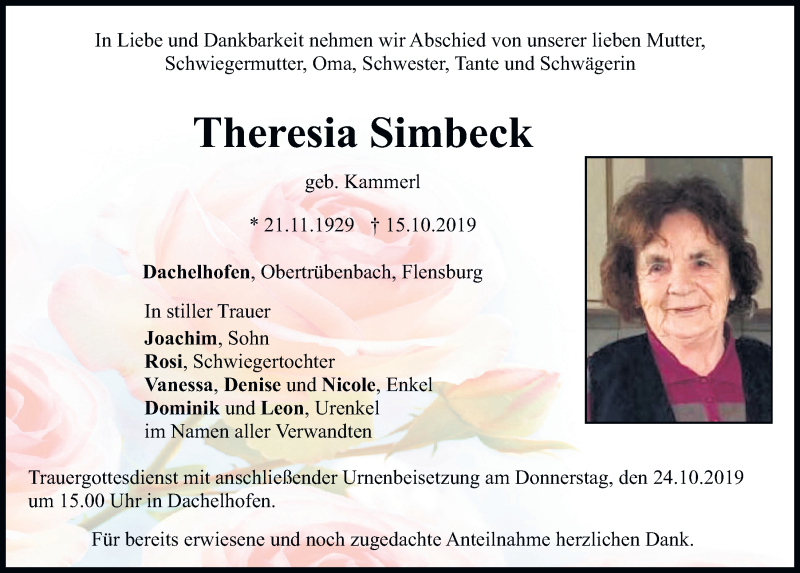  Traueranzeige für Theresia Simbeck vom 21.10.2019 aus Mittelbayerische Zeitung Schwandorf