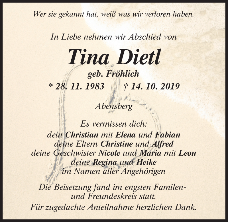  Traueranzeige für Tina Dietl vom 26.10.2019 aus Mittelbayerische Zeitung Regensburg