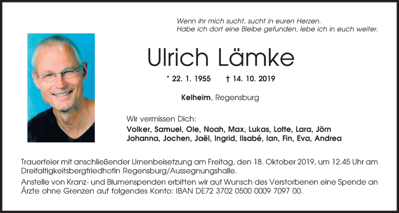  Traueranzeige für Ulrich Lämke vom 16.10.2019 aus Mittelbayerische Zeitung Regensburg