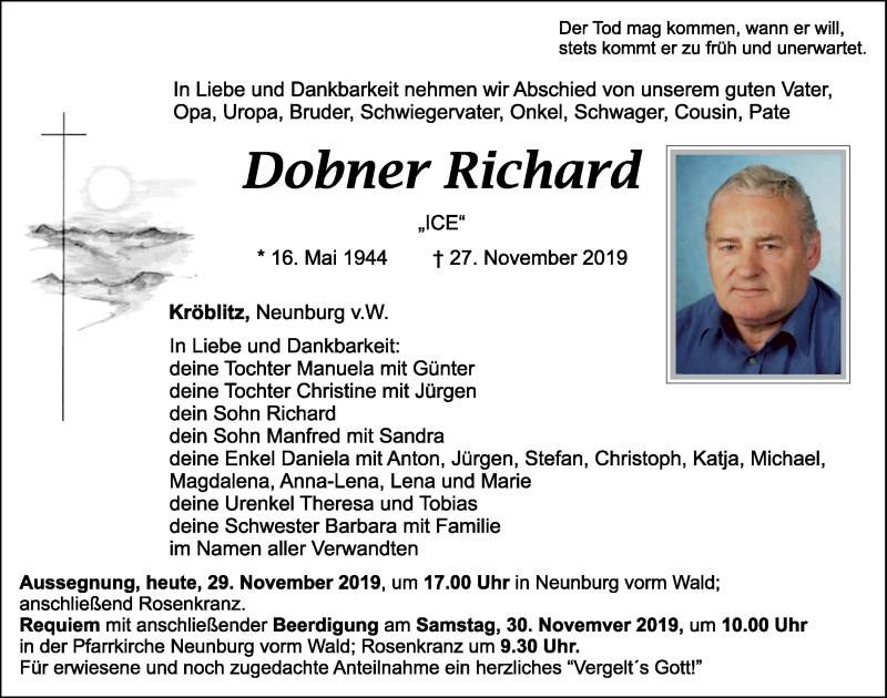  Traueranzeige für Dobner Richard vom 29.11.2019 aus Mittelbayerische Zeitung Schwandorf