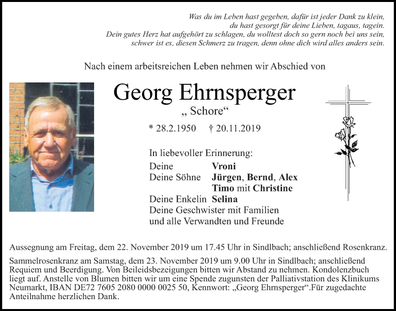  Traueranzeige für Georg Ehrnsperger vom 21.11.2019 aus Neumarkter Tagblatt