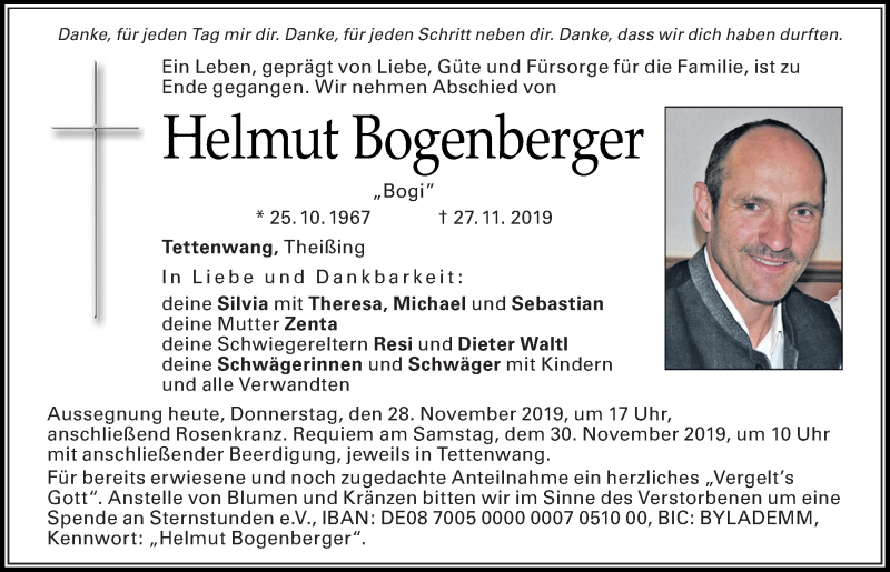  Traueranzeige für Helmut Bogenberger vom 28.11.2019 aus Mittelbayerische Zeitung Kelheim