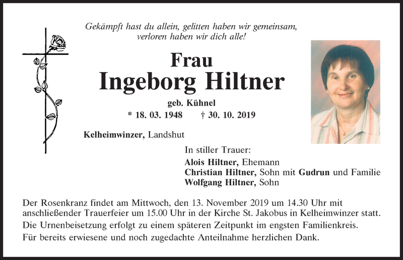  Traueranzeige für Ingeborg Hiltner vom 11.11.2019 aus Mittelbayerische Zeitung Kelheim
