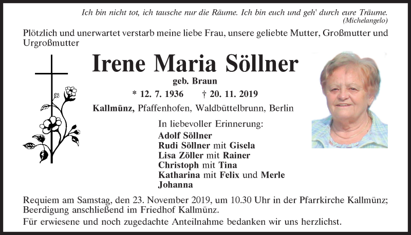  Traueranzeige für Irene Maria Söllner vom 22.11.2019 aus Mittelbayerische Zeitung Regensburg