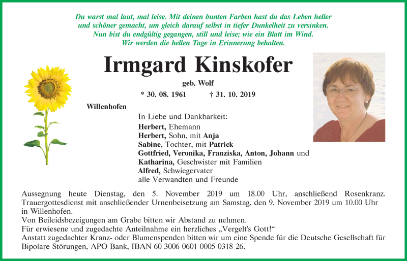  Traueranzeige für Irmgard Kinskofer vom 05.11.2019 aus Neumarkter Tagblatt