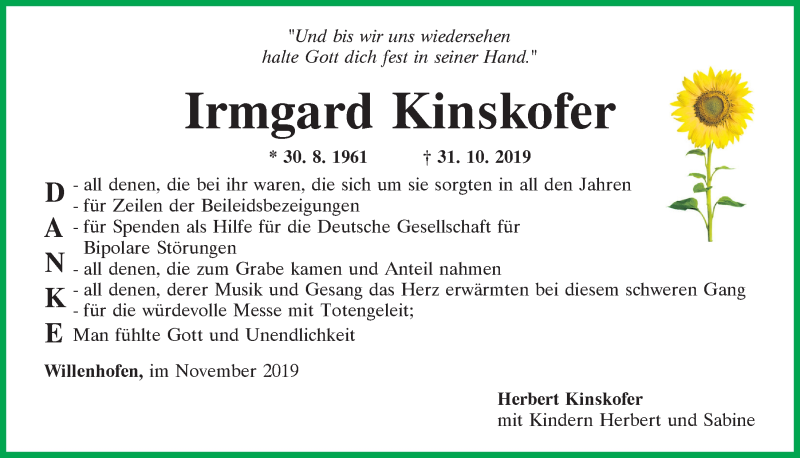  Traueranzeige für Irmgard Kinskofer vom 16.11.2019 aus Mittelbayerische Zeitung Regensburg