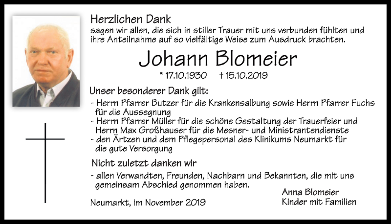  Traueranzeige für Johann Blomeier vom 16.11.2019 aus Neumarkter Tagblatt