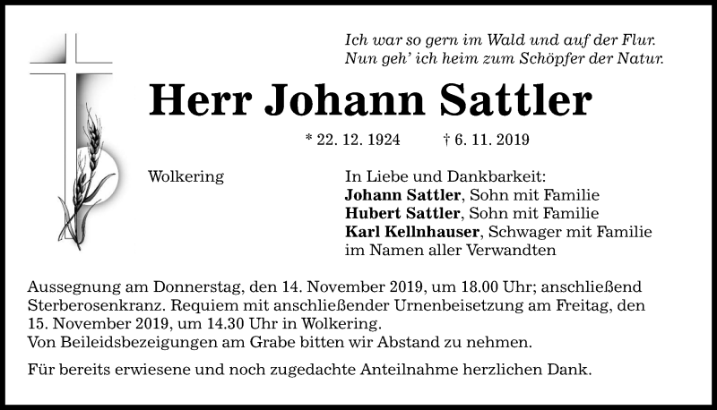  Traueranzeige für Johann Sattler vom 09.11.2019 aus Mittelbayerische Zeitung Regensburg