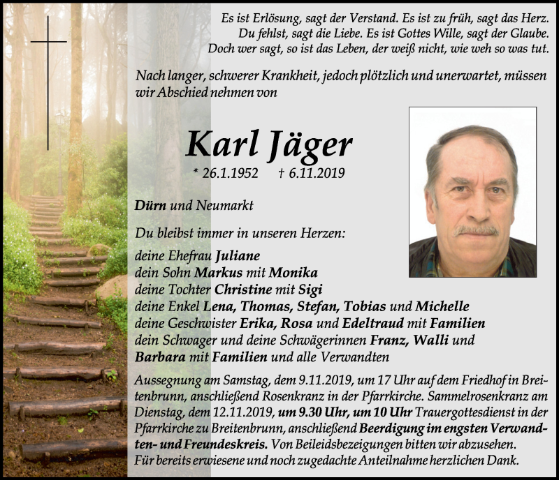 Traueranzeigen von Karl Jäger Mittelbayerische Trauer