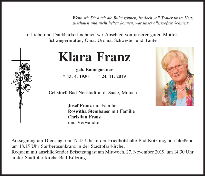  Traueranzeige für Klara Franz vom 25.11.2019 aus Bayerwald Echo