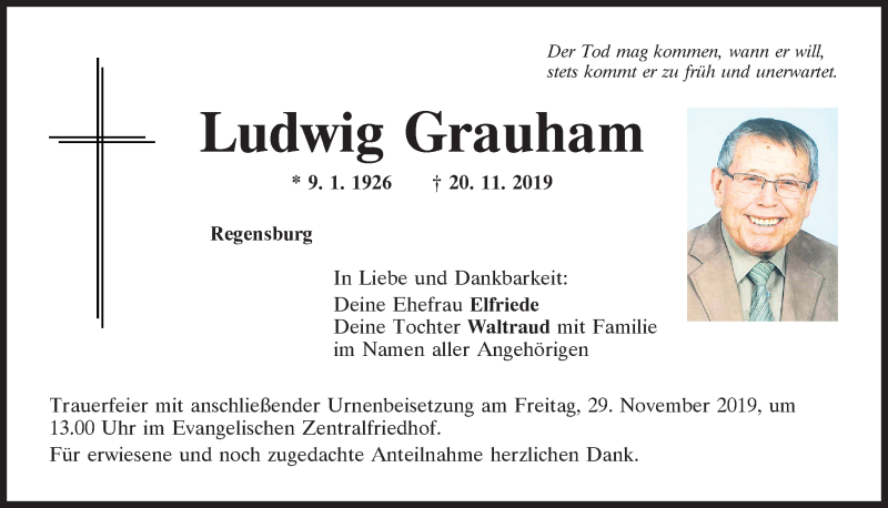  Traueranzeige für Ludwig Grauharn vom 23.11.2019 aus Mittelbayerische Zeitung Regensburg