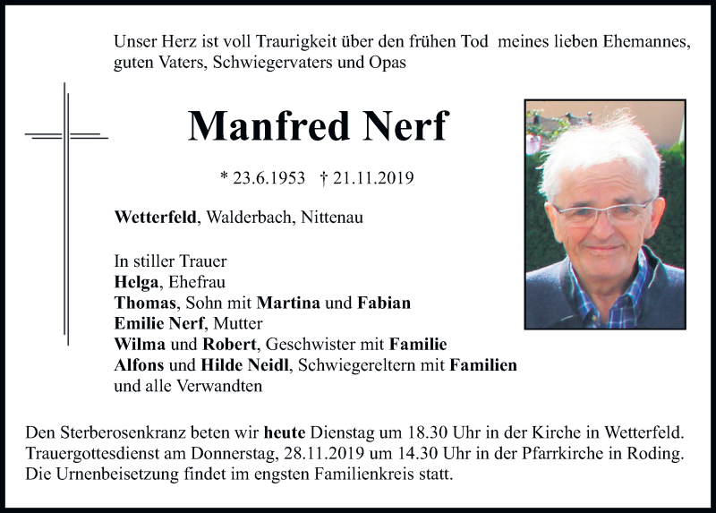  Traueranzeige für Manfred Nerf vom 26.11.2019 aus Bayerwald Echo