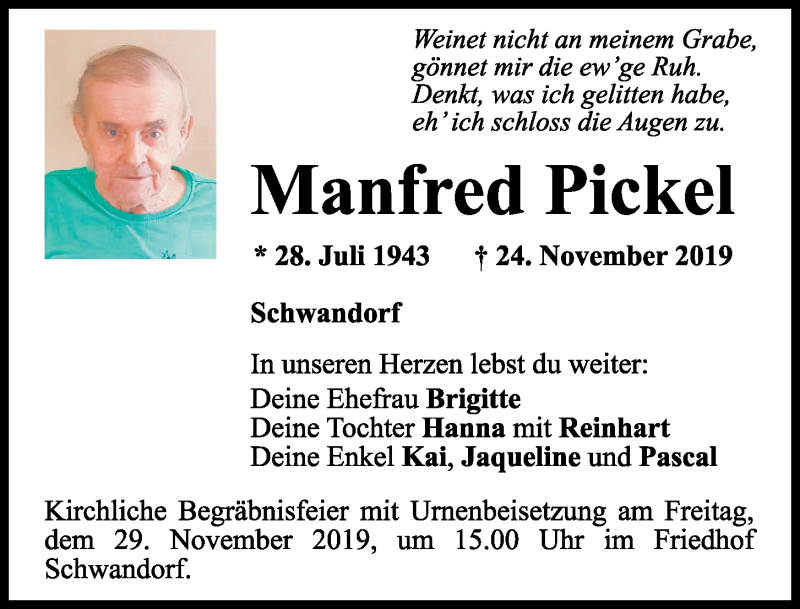  Traueranzeige für Manfred Pickel vom 26.11.2019 aus Mittelbayerische Zeitung Schwandorf