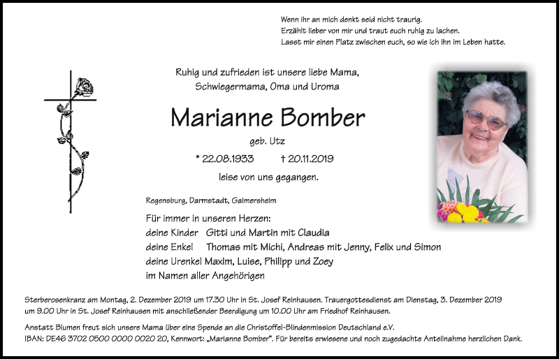  Traueranzeige für Marianne Bomber vom 23.11.2019 aus Mittelbayerische Zeitung Regensburg